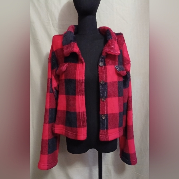 SHEIN Jackets & Blazers - SHEIN Red and Black Checkered Plush Jacket